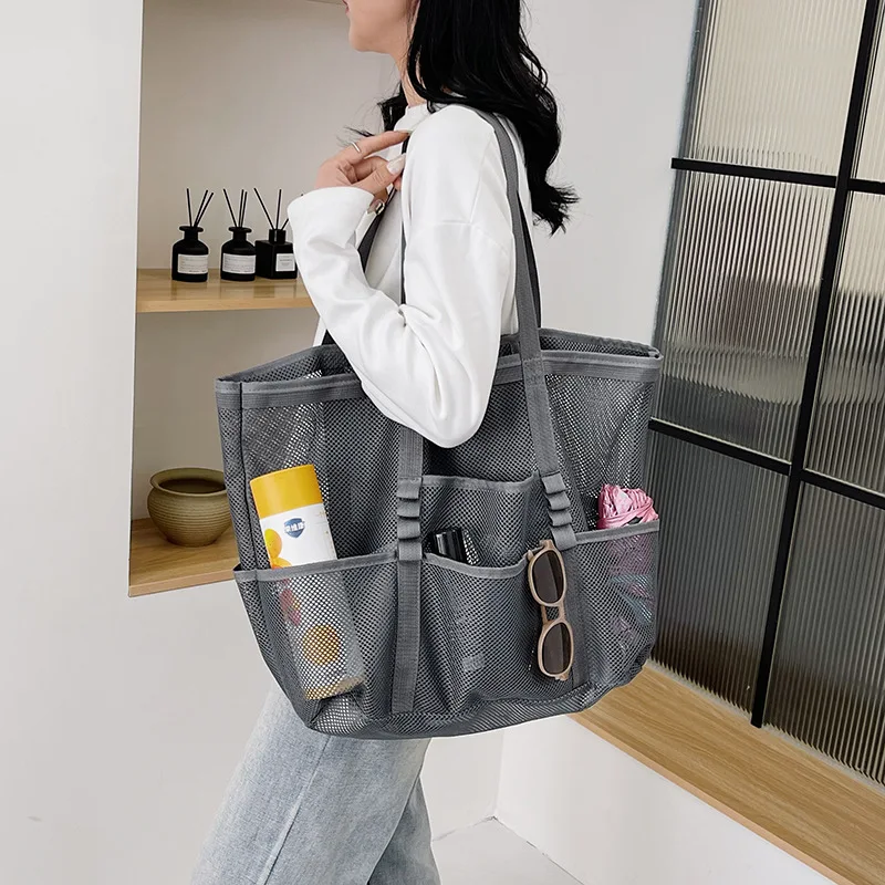 韓国風大容量ビーチバッグフィットネス水着収納バッグアウトドア旅行シングルショルダーメッシュハンドバッグ