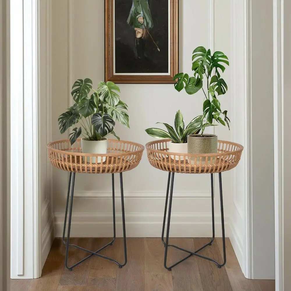 

Round Side Tables, 2-Piece Nesting Set, Bamboo Coffee Table with Metal Base, Boho Style Living Room, Sofa, Bedroom, Terrace (20.