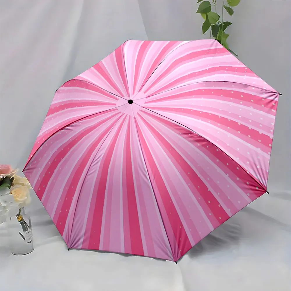 1PC Pink Striped Umbrella with Dot Patterns in a Cozy Room Print 8 Iron Ribs Folding Umbrella Auto-Open Fashion Sunshade