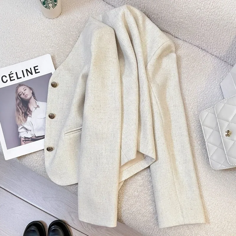 Spring Autumn V-neck Coat Women White Cropped Top Single-breasted Blazer Long Sleeves Jacket Mujer Office Lady Outerwear Trendy
