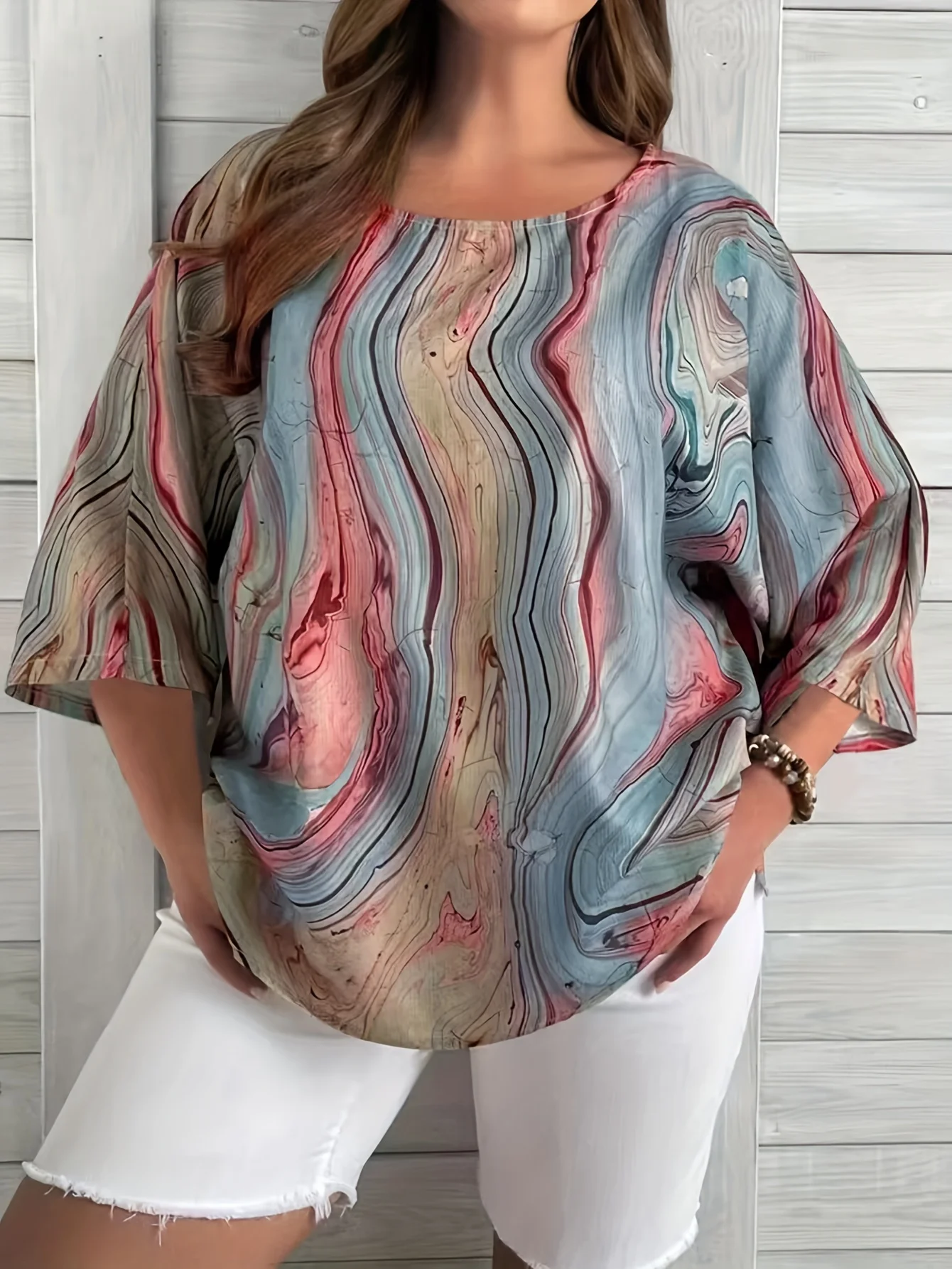 

Женская футболка больших размеров с круглым вырезом — элегантный топ с короткими рукавами, удобная тканая ткань на весну и лето