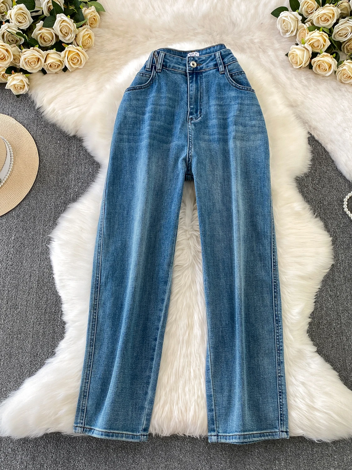 

Эластичные широкие джинсы с высокой талией, прямой крой, свободный крой, модные осенне-зимние женские универсальные джинсы небольшого размера с высокой талией