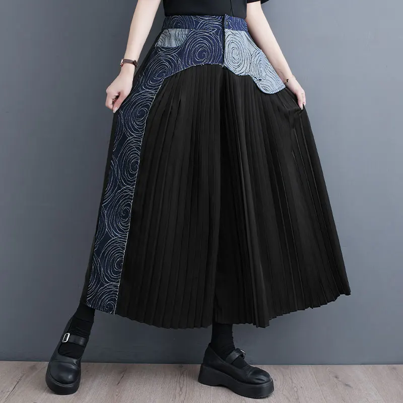 

Streetwear Vintage Denim Spliced Wide Leg Pants Women Summer High Waist Casual Loose Pleated Pants Female Black Joggers Trousers