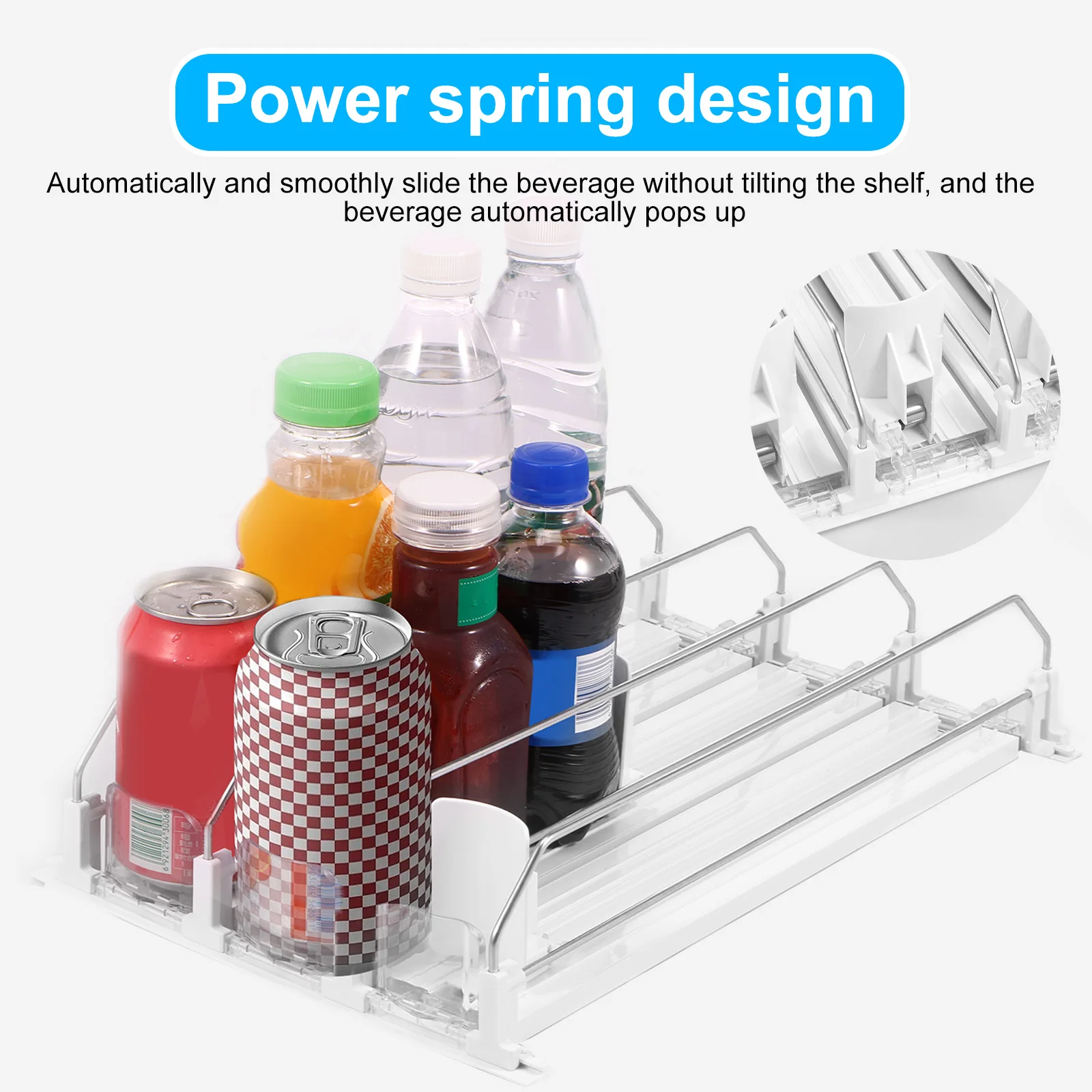 Drink Organizer Pusher Adjustable Width Soda Can Bottle Pusher E-shaped Glide Dispenser Spring Push Can Shelf for Kitchen Fridge