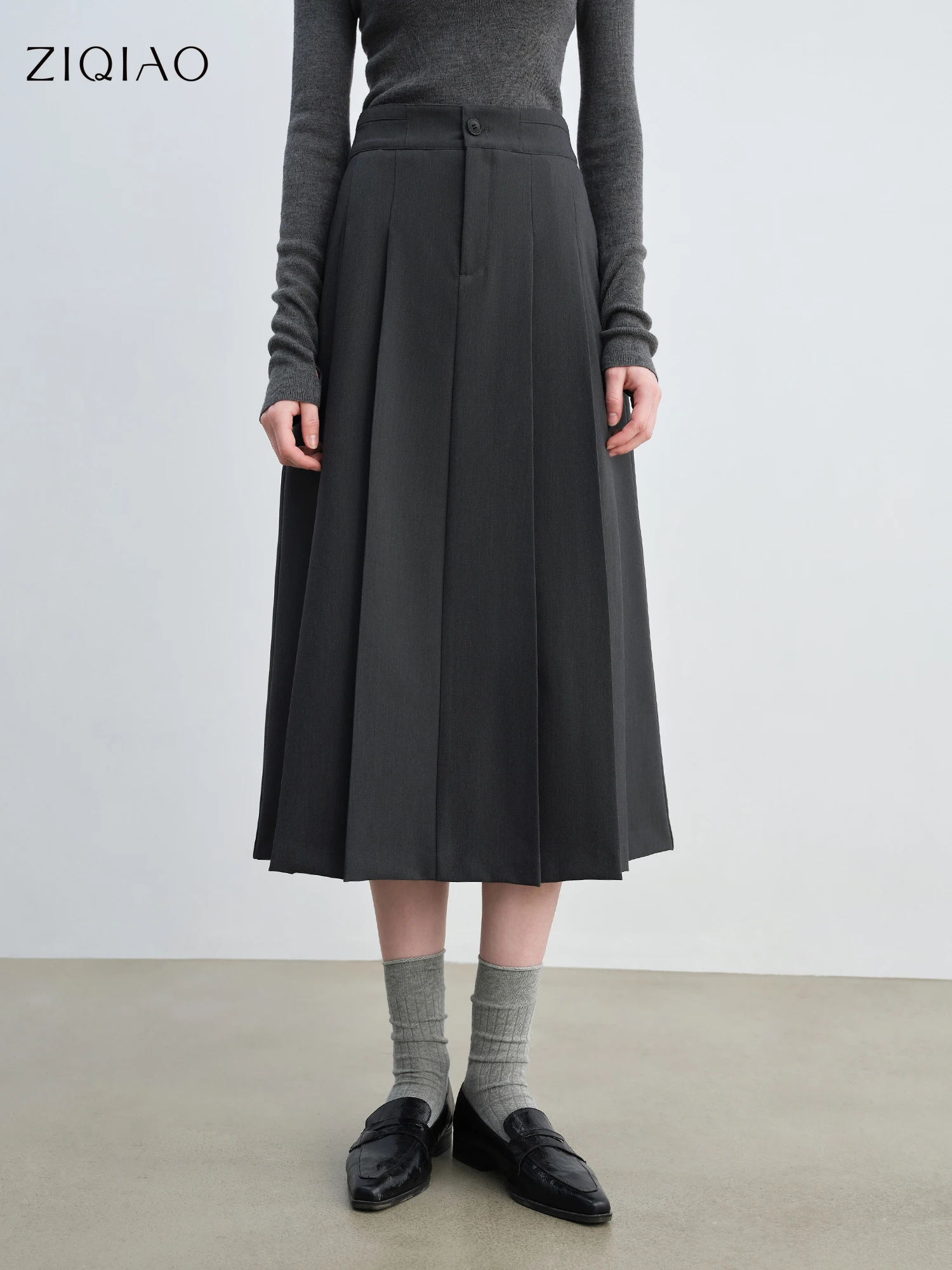 

ZIQIAO Intellectual College Style Pleated Skirt Female 2025 Autumn New Gray High Waist Long Skirt 25ZQ92319