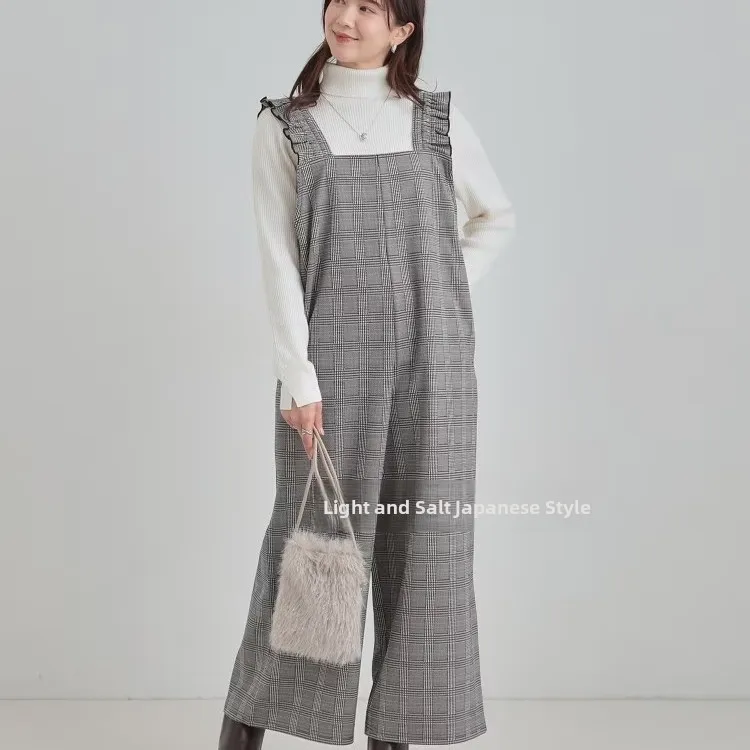 

DRESKIP Retro Plaid Bib Overalls Wide Leg Pants High Waist Long Pants Polyester Fiber Commute Sle Autumn Collection