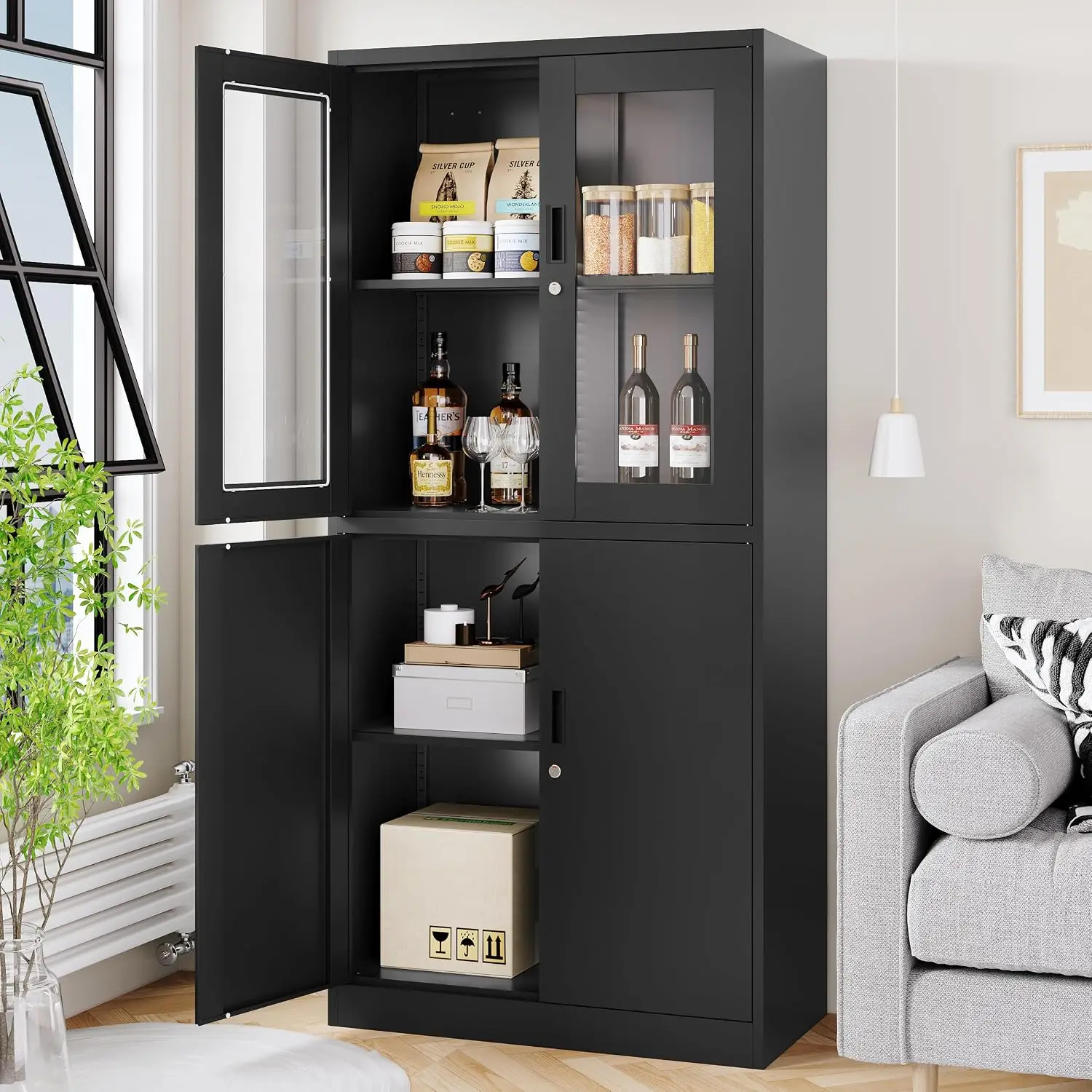 Lockable Metal Cabinet With Glass Doors, 71