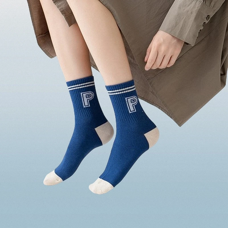 Chaussettes mi-tube en coton peigné pour femmes, chaussettes carillon à lettres rayées, chaussettes décontractées confortables pour couple, bleu, haute qualité, 5/10 paires