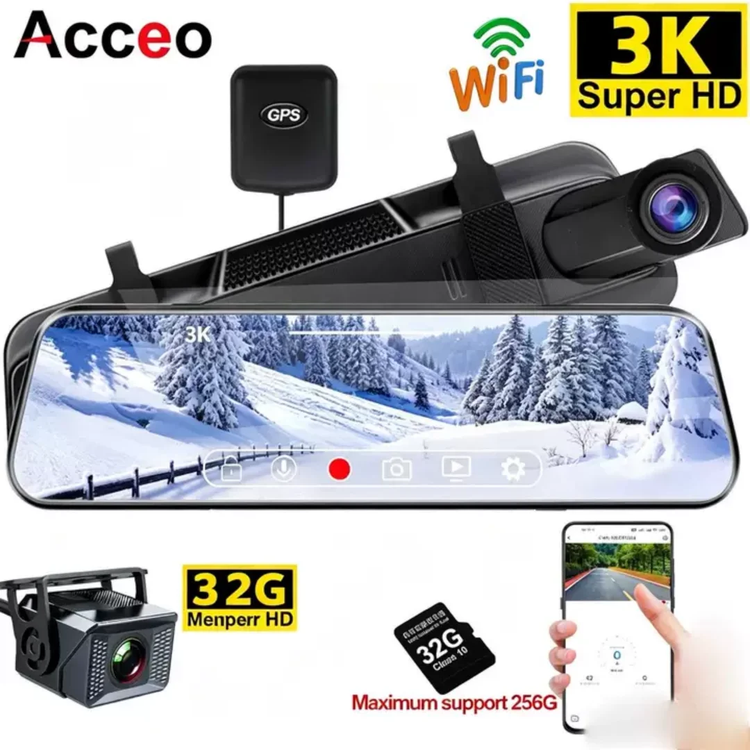 

Видеорегистратор Acceo 3K Mirror Dash Cam с Wi-Fi, GPS, двумя камерами (передняя и задняя), 10-дюймовым сенсорным экраном, ночным видением, монитором парковки, циклической записью, 256 ГБ