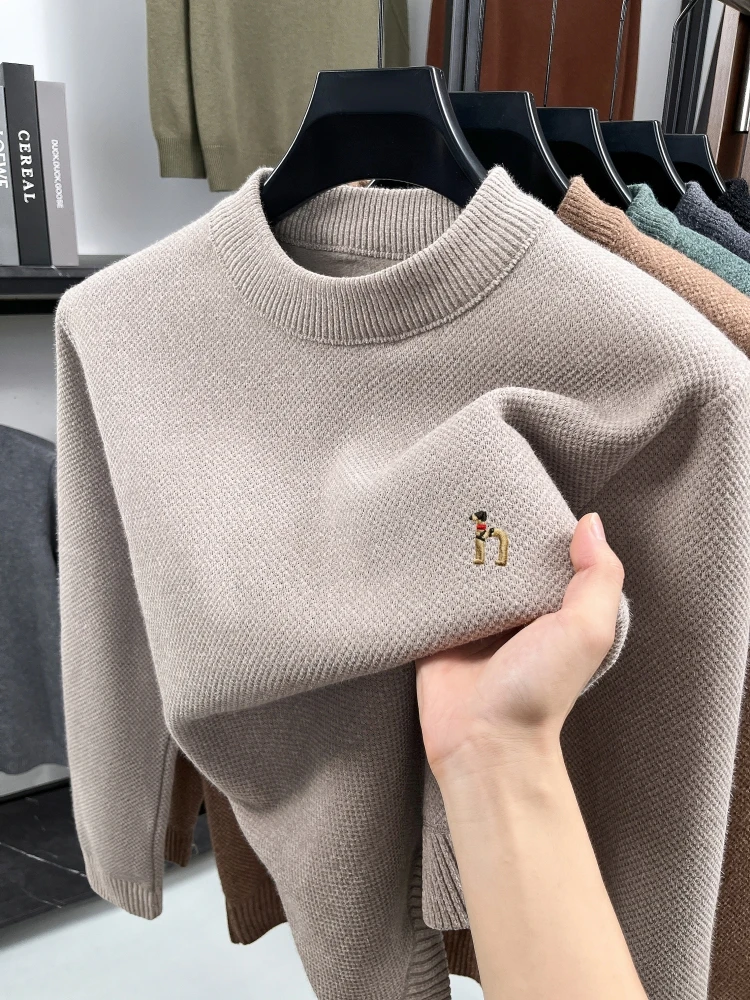 

High quality warm plush knitted men pullover luxury brand comfort round neck Korean style fashion cartoon dog embroidery sweater