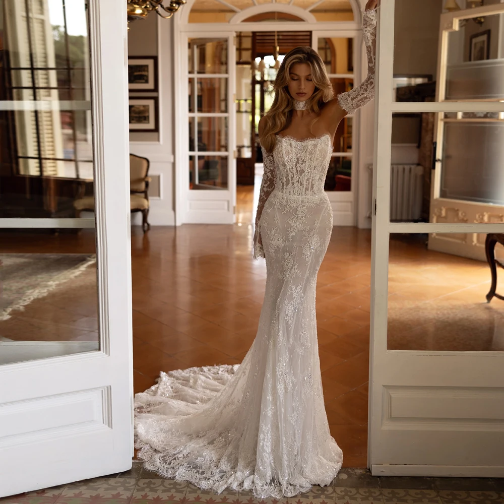 

Charming Sparkling Wedding Dresses Strapless Bridal Robes Lace Appliques Mermaid Luxury Gowns Robe De Mariée 2025 Customized