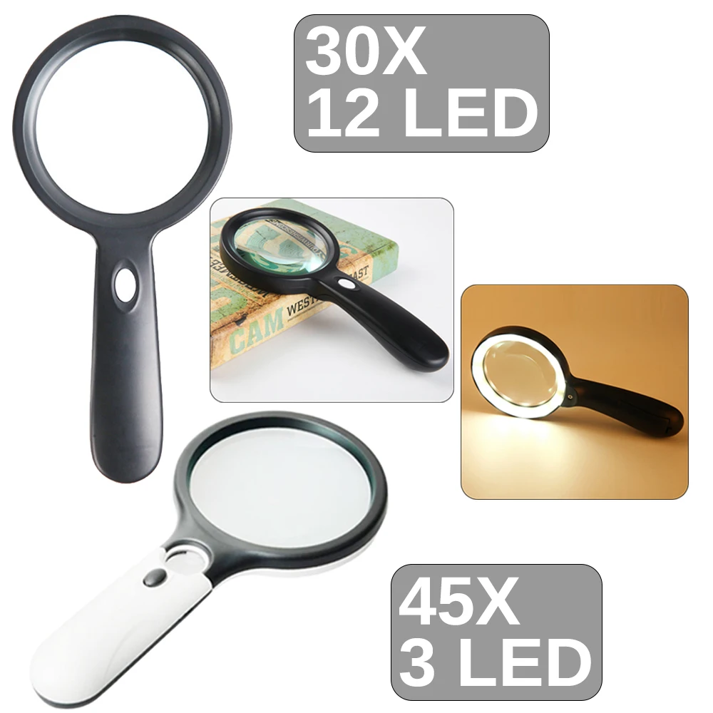 30X Hand held Large Reading Magnifying Glasses with 12 LED Illuminated Light Lighted Magnifying Glass for Seniors Repair Coins