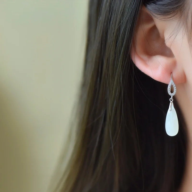 SGARIT Natural Hetian White Jade S925 Silver 8*36mm Long Waterdrop Hook Earrings Simple Design Fine Texture Fashion Versatile