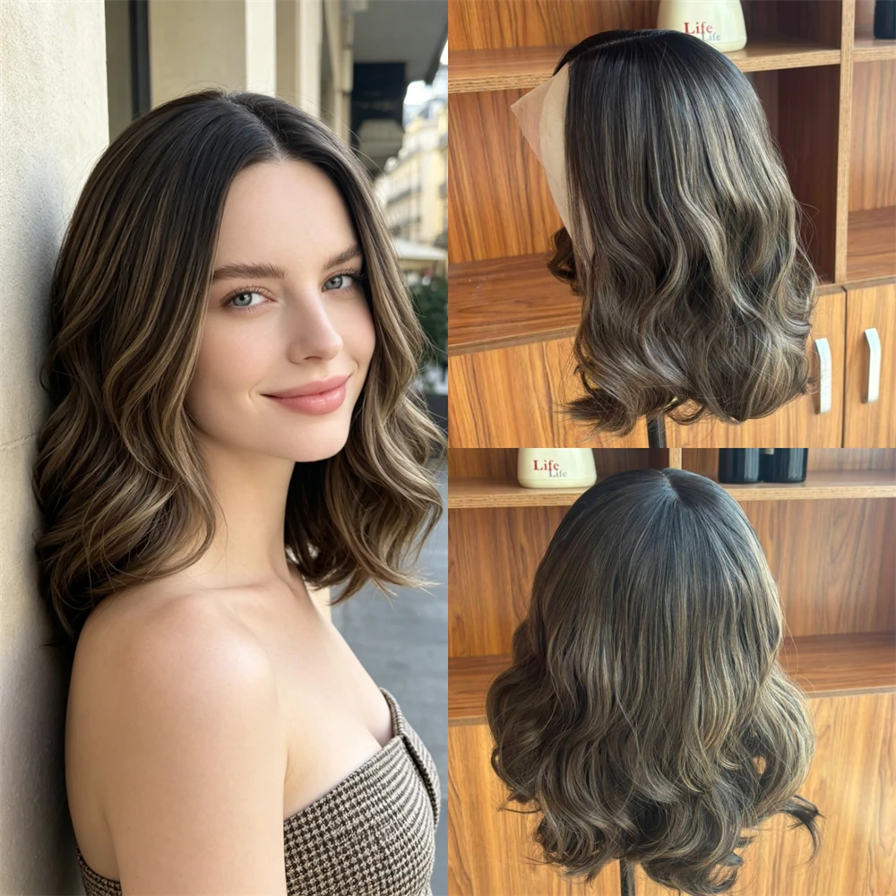 12-inches-13x4-middle-part-ombre-brown-highlights-synthetic-lace-front-wig-short-wave-bob-natural-preplucked-hairline-daily-wear