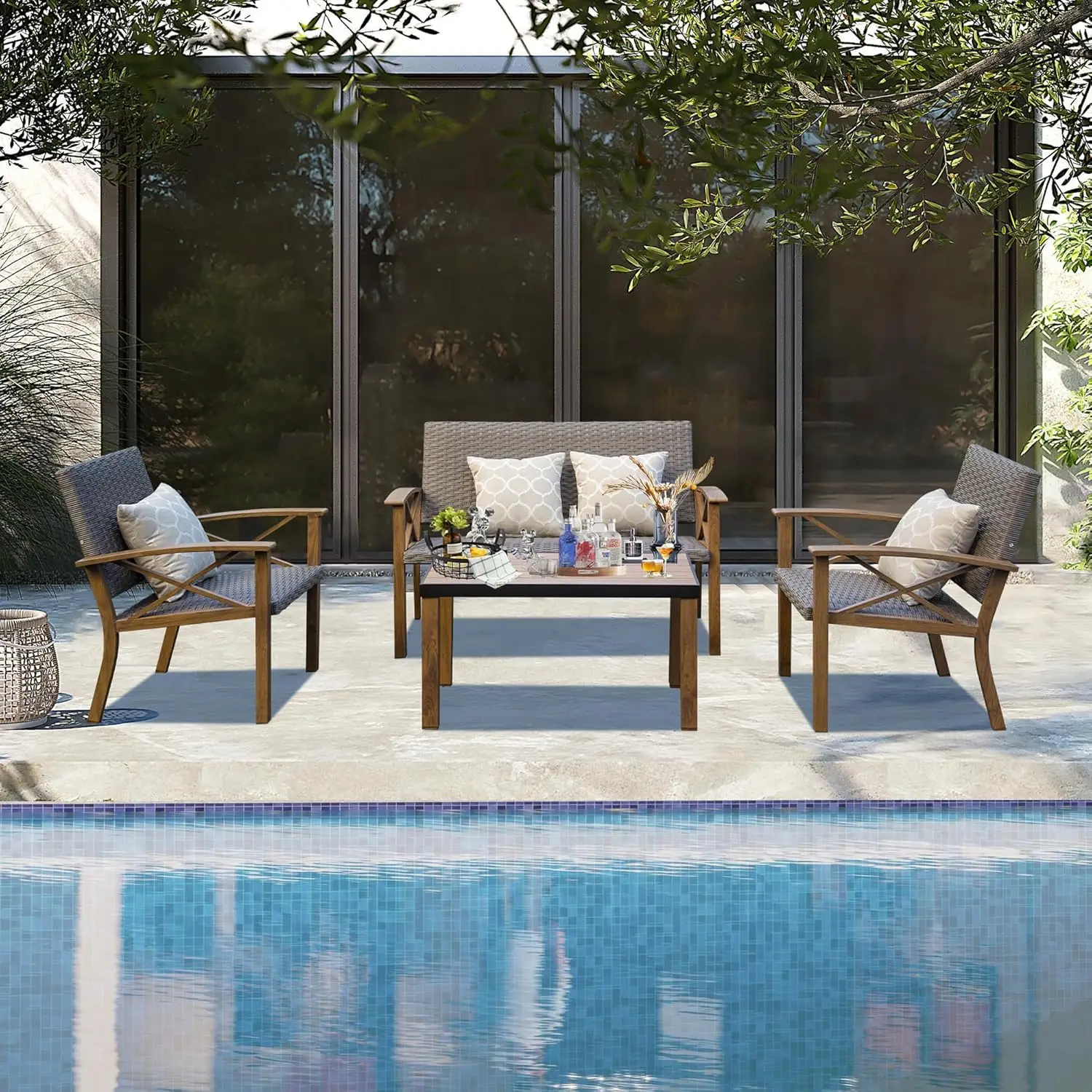 

Алюминиевый комплект для патио, 4-местный современный секционный диван с мягкими спинками и сиденьями, подушки 5,5 дюймов и столик для сада, на заказ