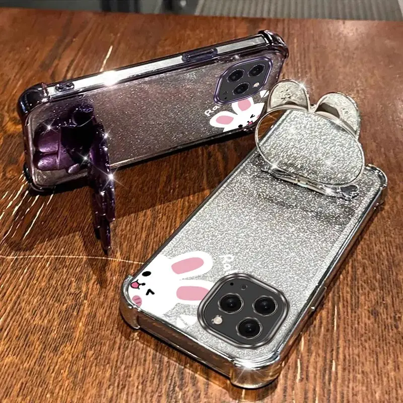 Airbag Glitter Mirror Rabbit Phone Holder Case On For iPhone 16 15 14 13 12 11 Xs Pro Max Mini X XR Plus Anti-knock Stand Cover