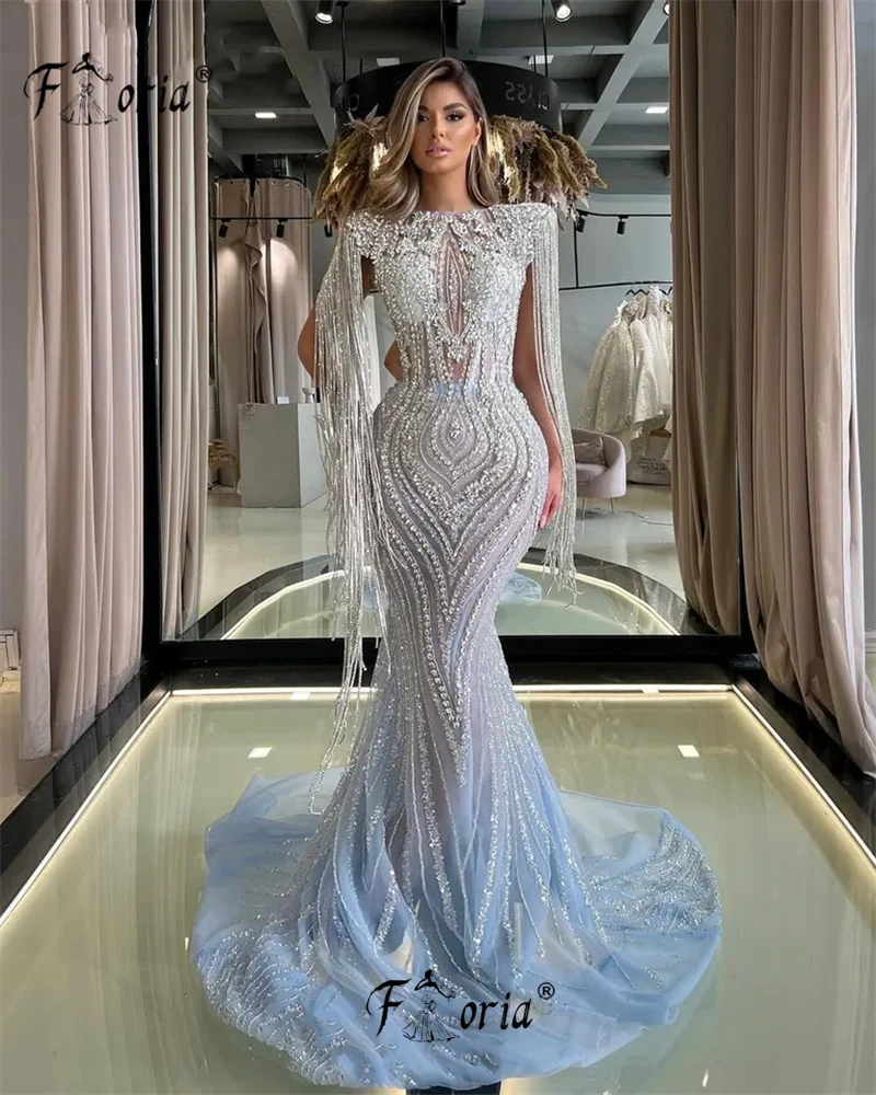 Light Blue Full Crystal Tassel Evening Dress Gorgeous Beadings Mermaid Wedding Party Dress Formal Ceremony Gown Robe De Soiree