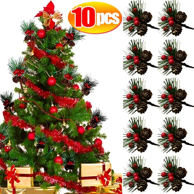 10PCS Artificial Christmas Red Berry Branch Snowflake Pine Needle Pine Cone Branches For Xmas DIY Wreath Supplies Noel Decoraton