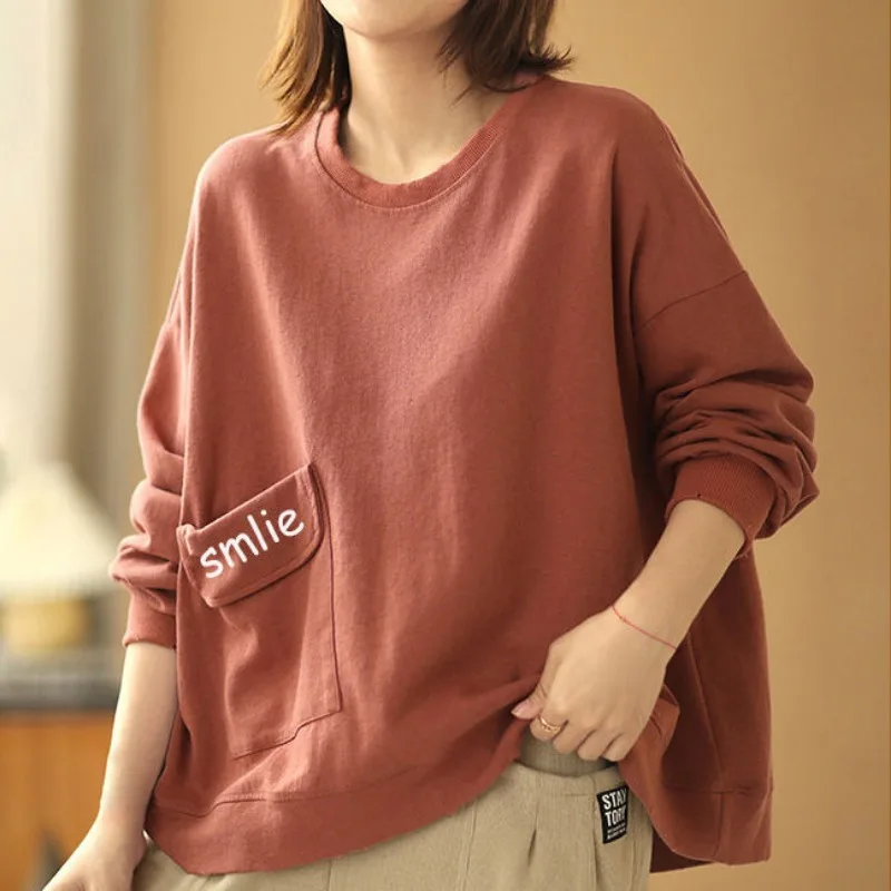 Women Trendy Streetwear Letter Embroidery Pocket Oversize Sweatshirts Y2K Female Simple Casual O Neck Loose Cotton Pullover Tops