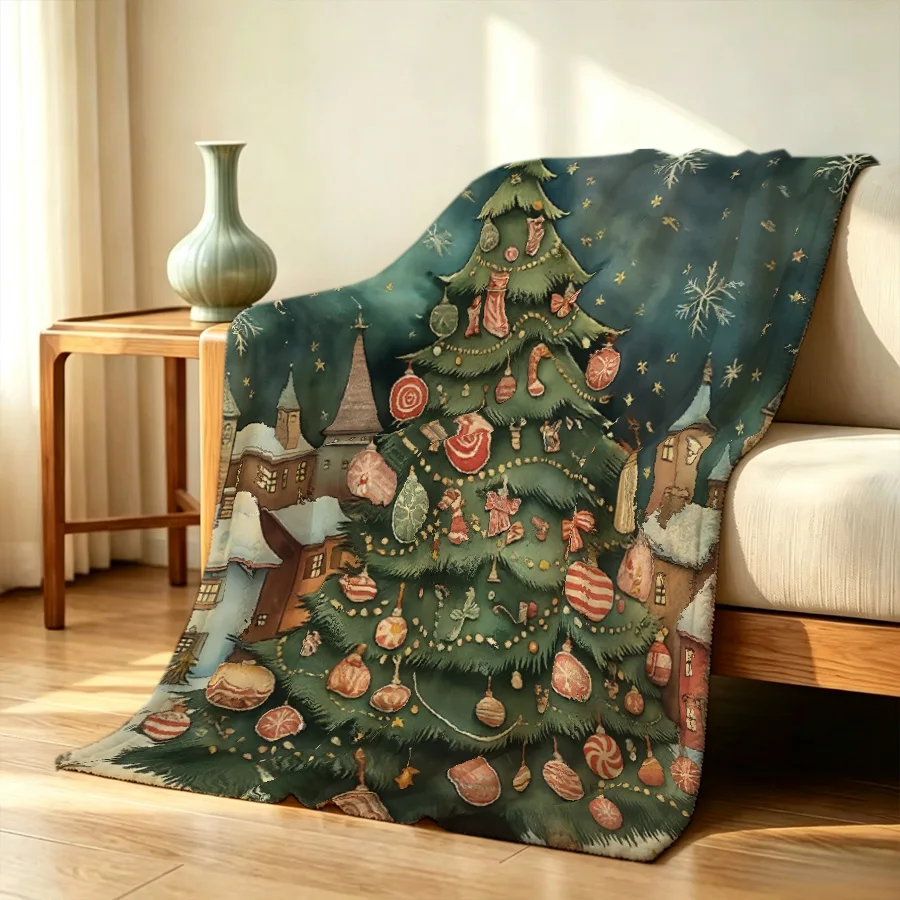 Vintage Christmas Tree Cardinals Flannel Throw Blanket, Winter Landscape 2D Flat Single-Sided Printed Holiday Blanket