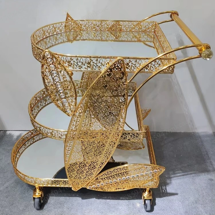 Hollow dining car wedding decoration flower arrangement mobile trolley glass top gold metal trolley