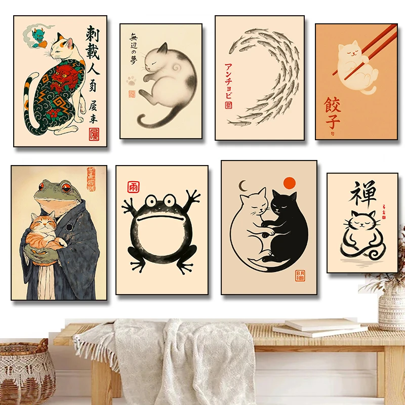1pc frameless Japanese Tattoo Cat Frog Yin Yang Cats Zen Meditation Ramen Bowl Illustration Poster Canvas Painting Print Wall Ro