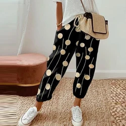 Cotton Linen Pants Retro Print Women Mid-waist Ankle Length Pant Summer Pocket Straight Trousers Lady Casual Drawstring Overall