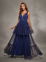 Mgiacy V-neck sexy three-dimensional embroidered mesh multi-layer full skirt evening gown ball dress party dress