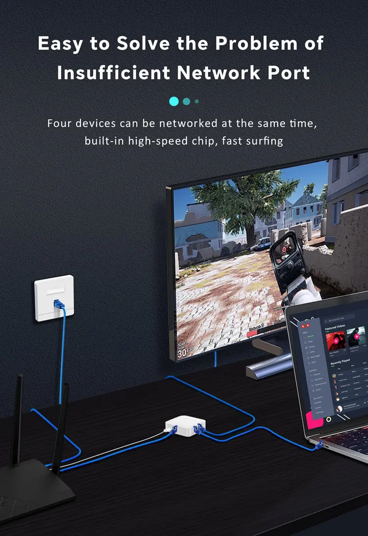 อะแดปเตอร์ตัวแยก Rj45อินเทอร์เน็ตกิกะบิตสายเคเบิลเครือข่ายอเนกประสงค์ความเร็วสูง1ถึง2 USB