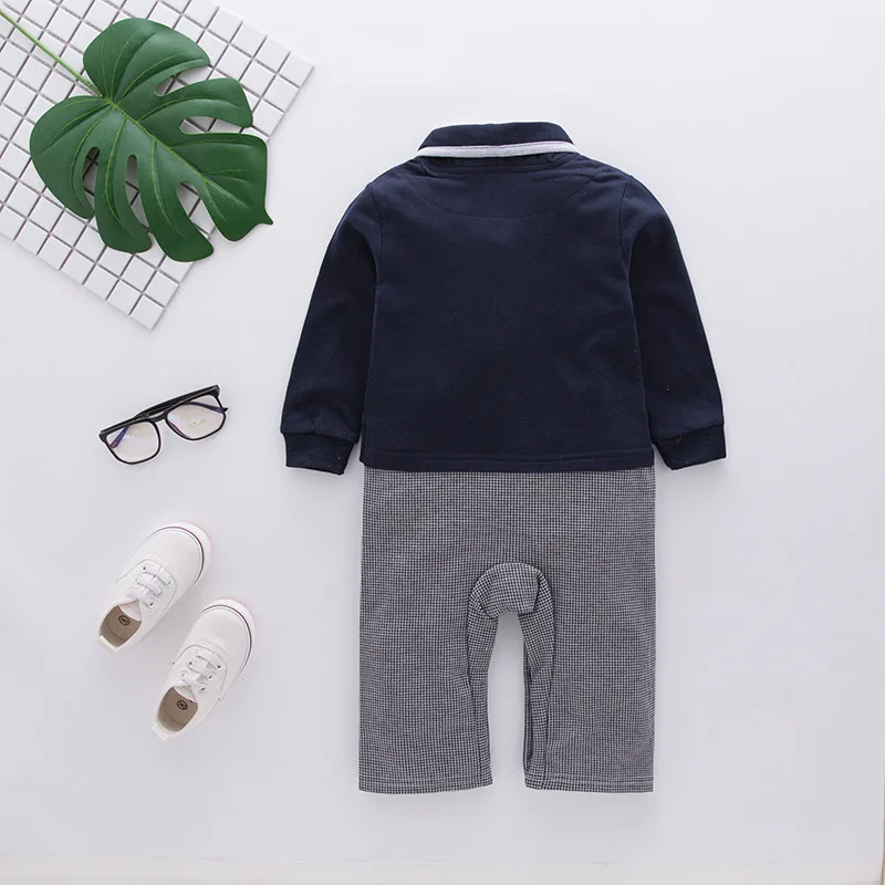 Autumn Baby Boy Gentleman Long Sleeve Romper with Bow Tie Bodysuit Formal Party Christening Wedding Outfit Newborn Crawling Suit