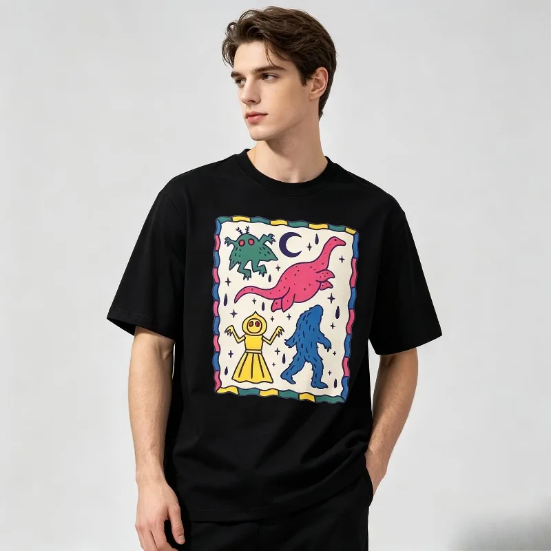 Retro Cryptid Creatures Frog Dinosaur Bigfoot Cartoon Graphic T-Shirt Casual Short Sleeve Weird Monster Art Crew Neck Unisex