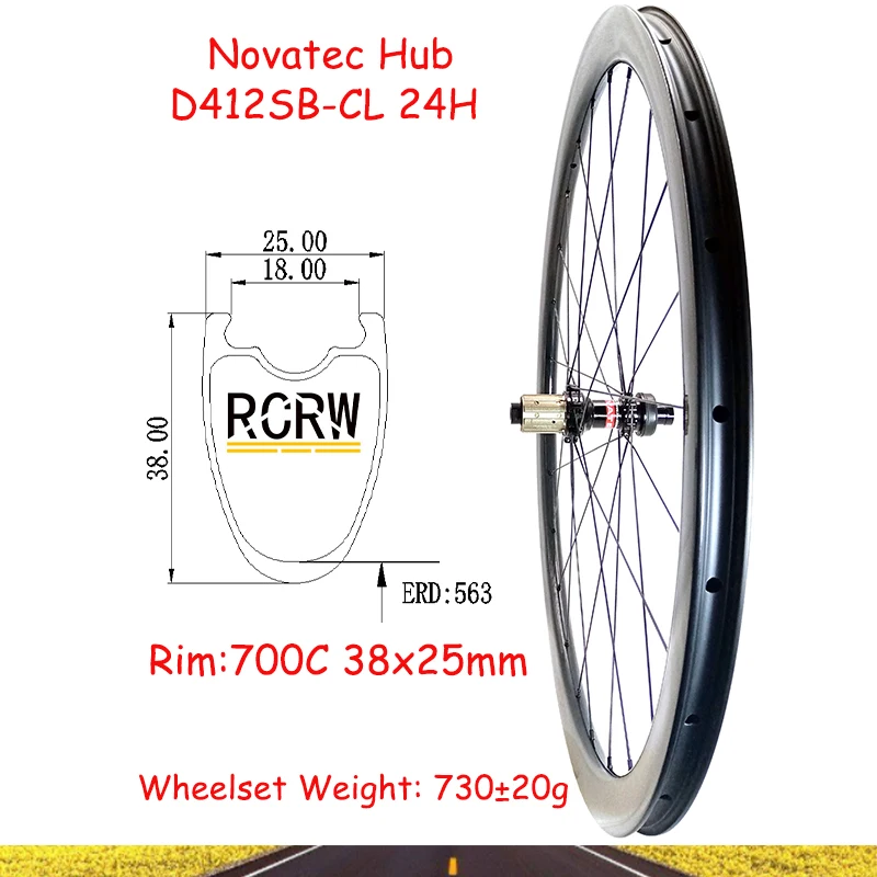 700C Road 38X25mm Rear Wheelset Carbon Rim 24Hole Tubeless 25 Wide 38 Deep Novatec D412SB-CL Center Lock Shima HG Hub XD XDR