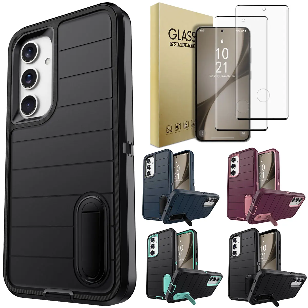 

Чехол для Samsung Galaxy S24/Plus/Ultra, 3-слойный прочный чехол-подставка и 2 шт., защитные пленки из закаленного стекла с полным покрытием