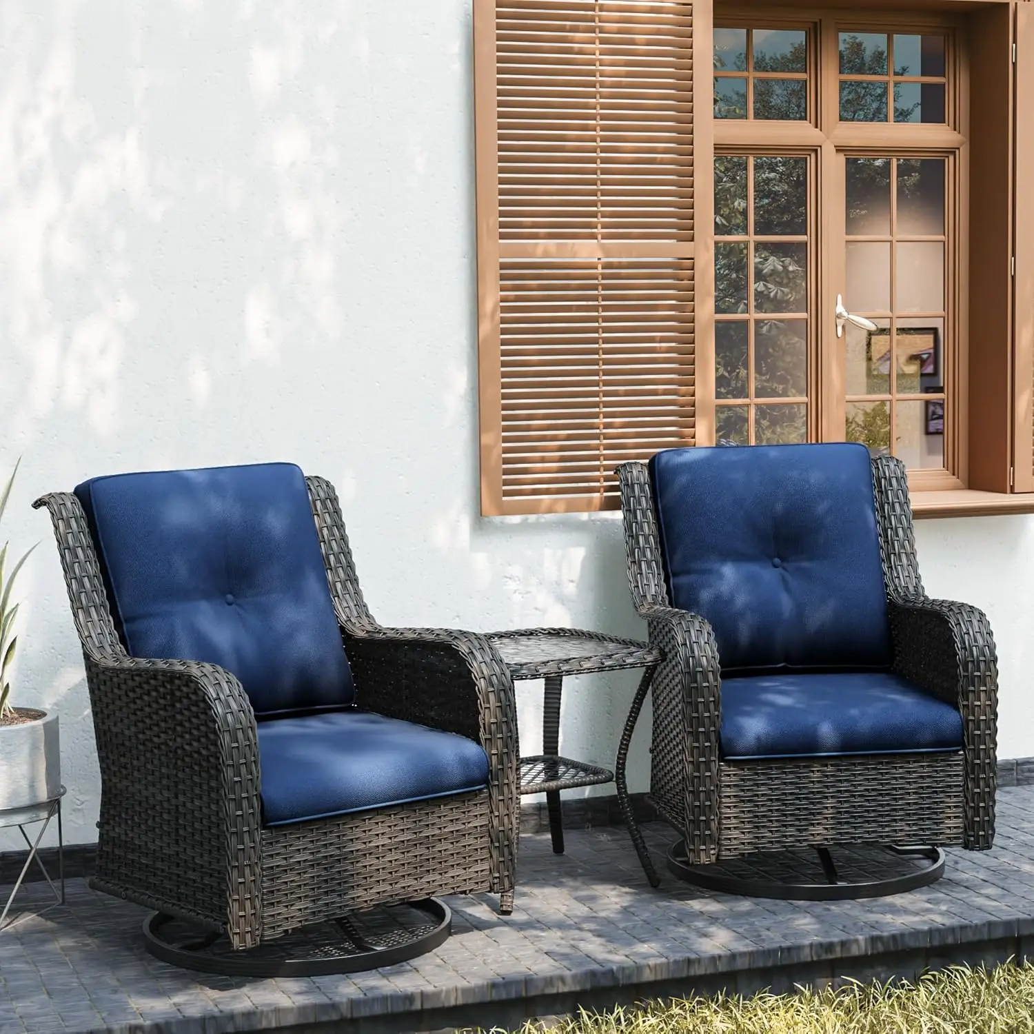 Outdoor Swivel Rocker Patio Chairs Set of 2 & Matching Side Table ,3 Piece Wicker Patio Bistro Set with Premium(Mixed Grey/Blue)