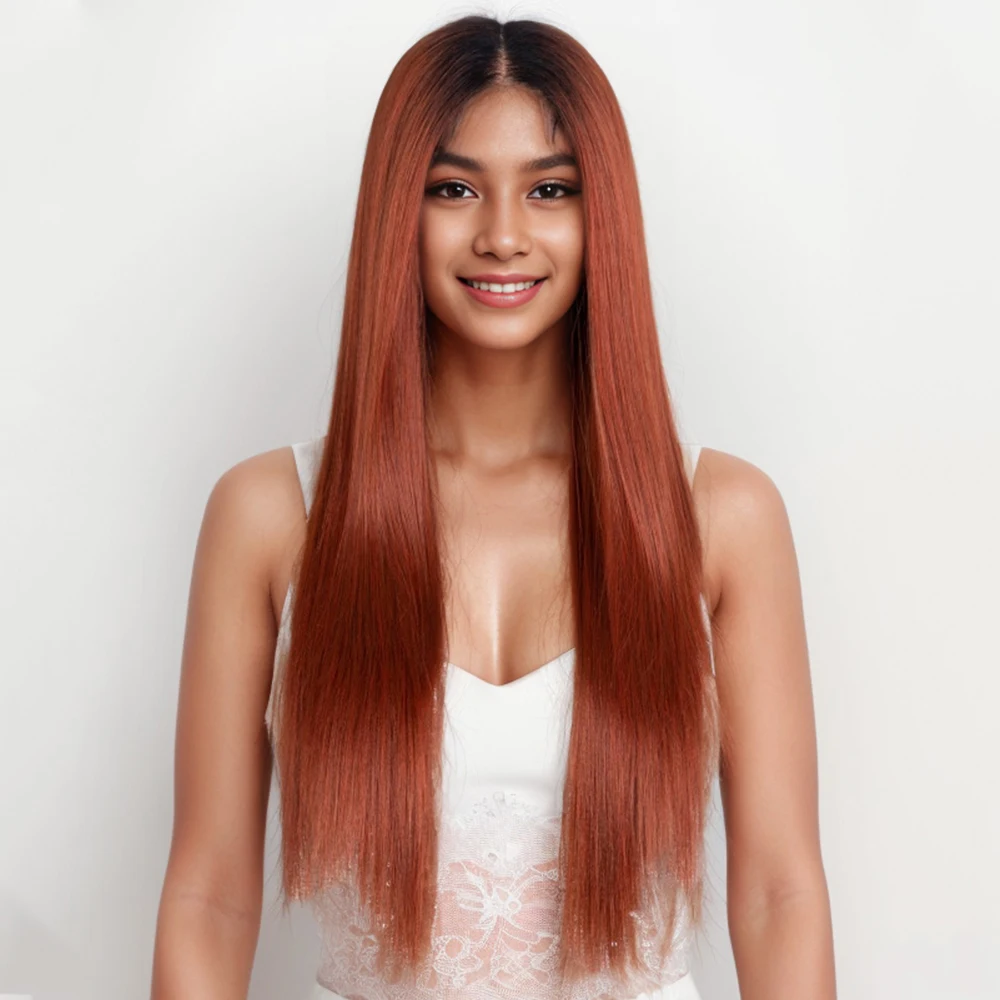 Perruque Lace Front Wig synthétique 28 pouces, perruque longue et lisse, rouge et Orange, perruque pour femmes noires