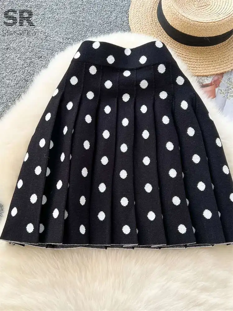BabYoung Autumn Pleated Mini Skirt Women Elastic Waist 2024 High Quality Ladies Basics Polka Dot College Style Knitted Skirts