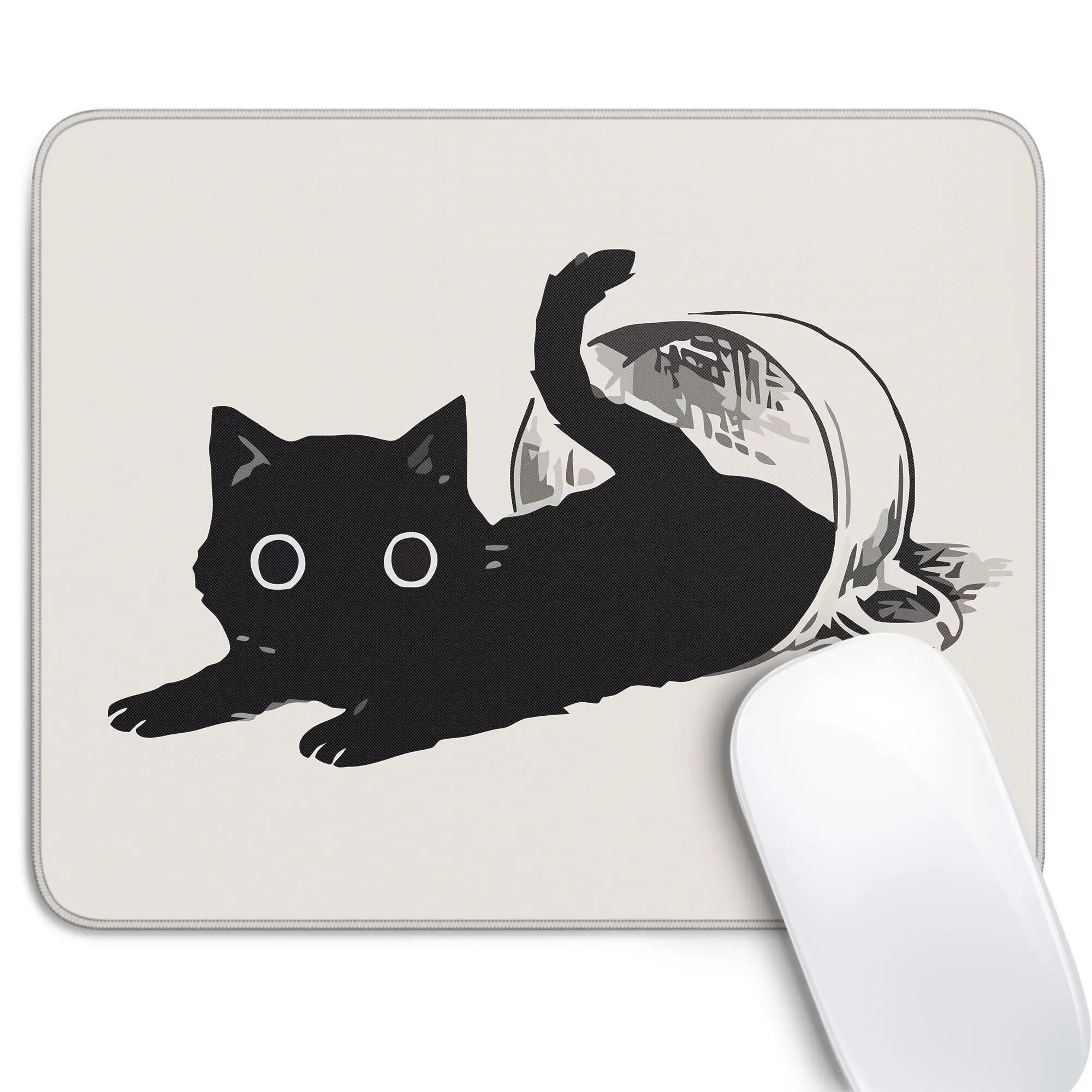 Cute Black Cat Mouse Pad Kawaii Anime Cat Medium Mouse Pad with Non-Slip Rubber Base Stitched Edge Pads for Desk Accessories