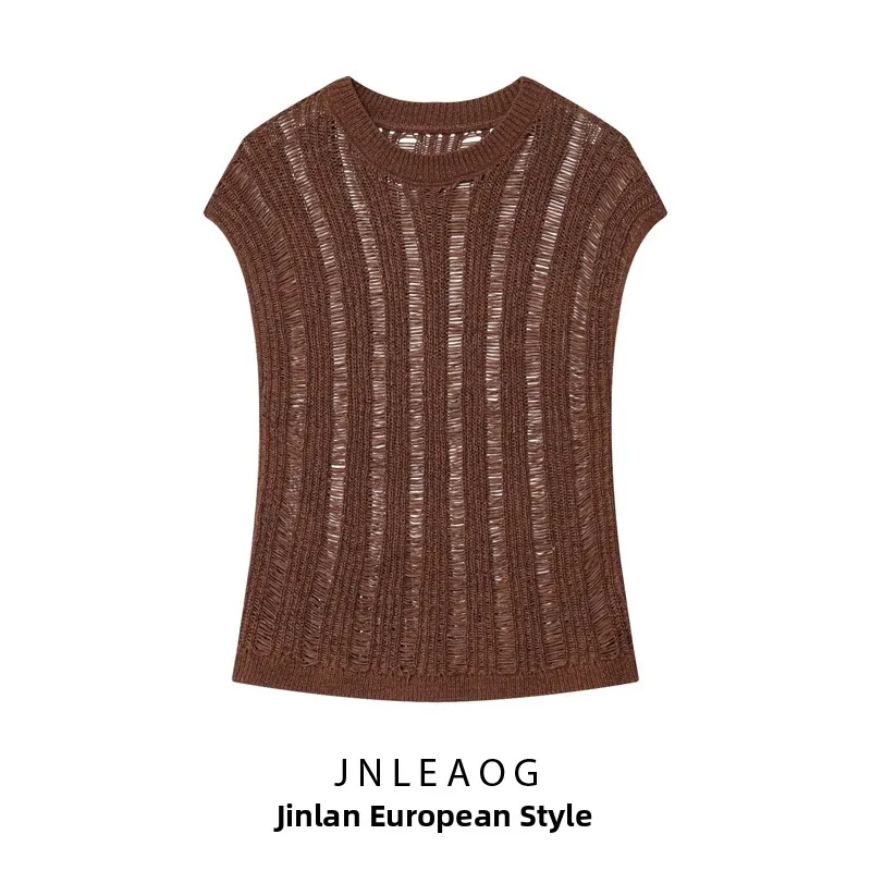 

JNLEAOG, новый весенний женский вязаный топ с модным дизайном и поясом, прямая трубка, ажурный жилет из полиэфирного волокна, круглый жилет Ne H