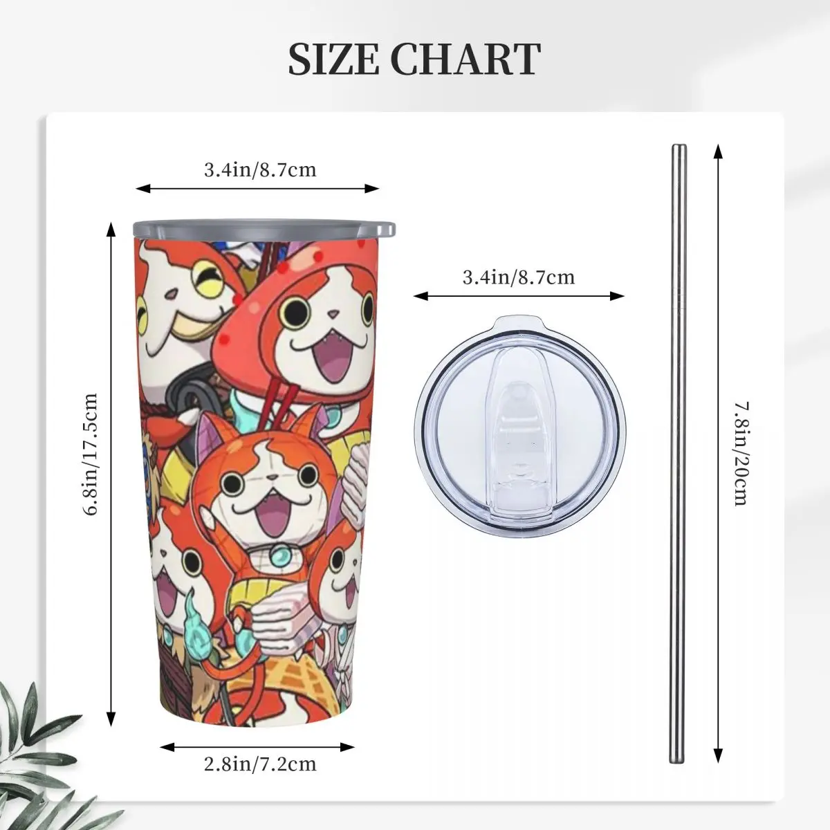 Yokai Watch Jibanyan 2 Stainless Steel Tumbler Vacuum Insulated Mugs Thermal Cold Cup Straws With Lid 20oz