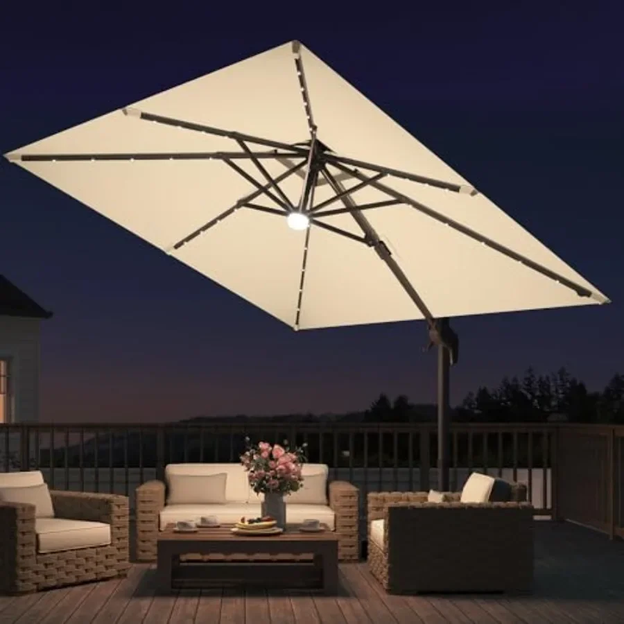 Patio use, aluminum frame with polyester canopy, beige, tilt and rotation function, integrated LED lights, includes weighted ba