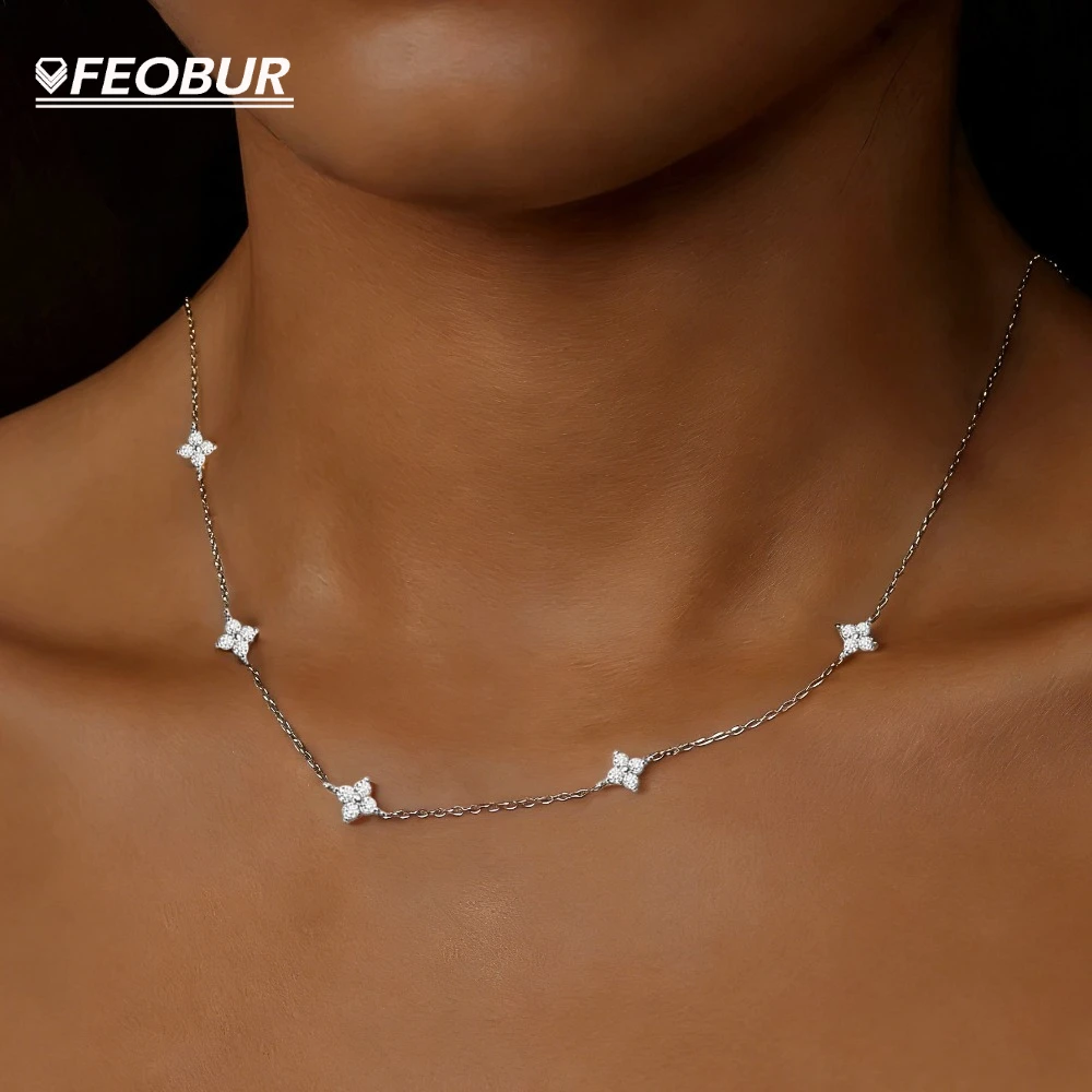 

Ожерелья с четырехлистным клевером и муассанитом для женщин, 100% серебро S925, теннисная цепочка с подвеской-звездой, полностью инкрустированная бриллиантами 2 мм, ювелирное украшение, подарок
