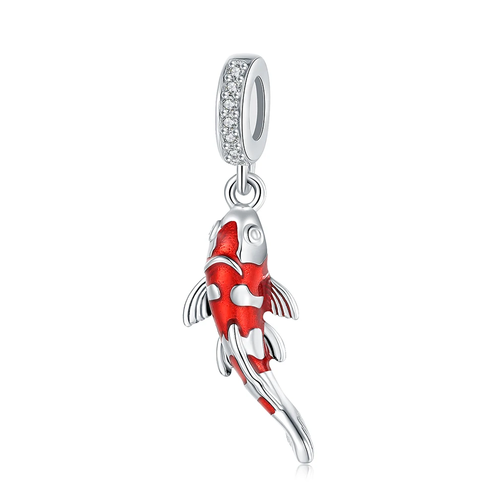 925 Sterling Silver Red Enamel Fish Pendant Lucky Koi Dangle Charm Fit European Bracelet/Necklace Jewelry For Women Mother Gifts