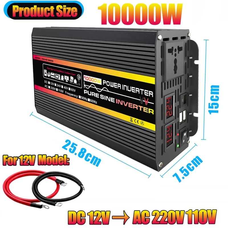 10000W Pure Sine Wave Power Inverter Voltage Transformer Intelligent Digital Display Car Home Outdoor DC12V to AC 220V Converter