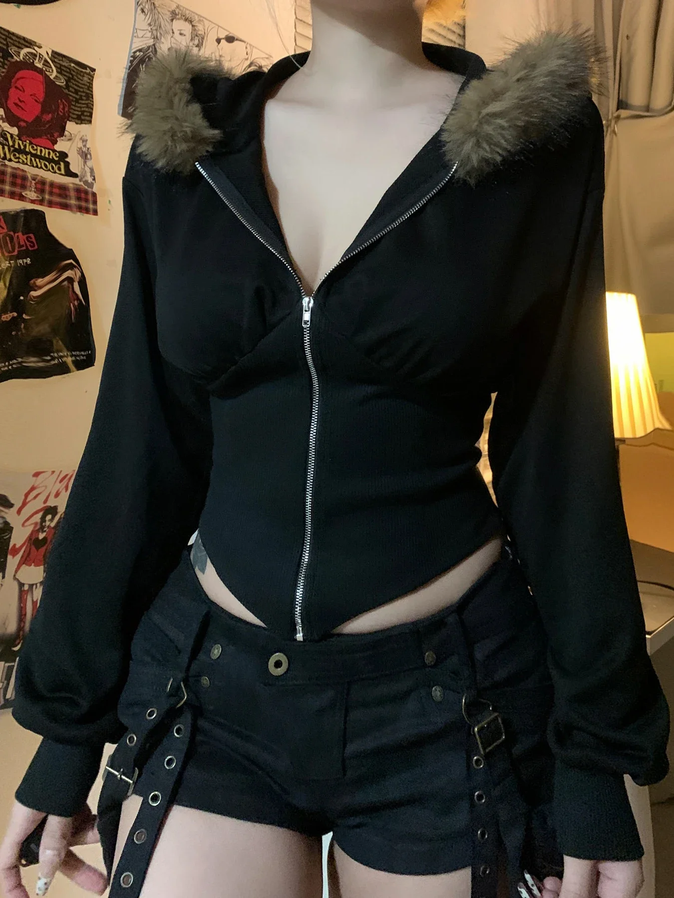 FDEY Zip Up Fur Neck Hoodie Coats Fashion Slim Solid Y2K Vintage Women's Jackets Casual Streetwear Chic Basics Clothes