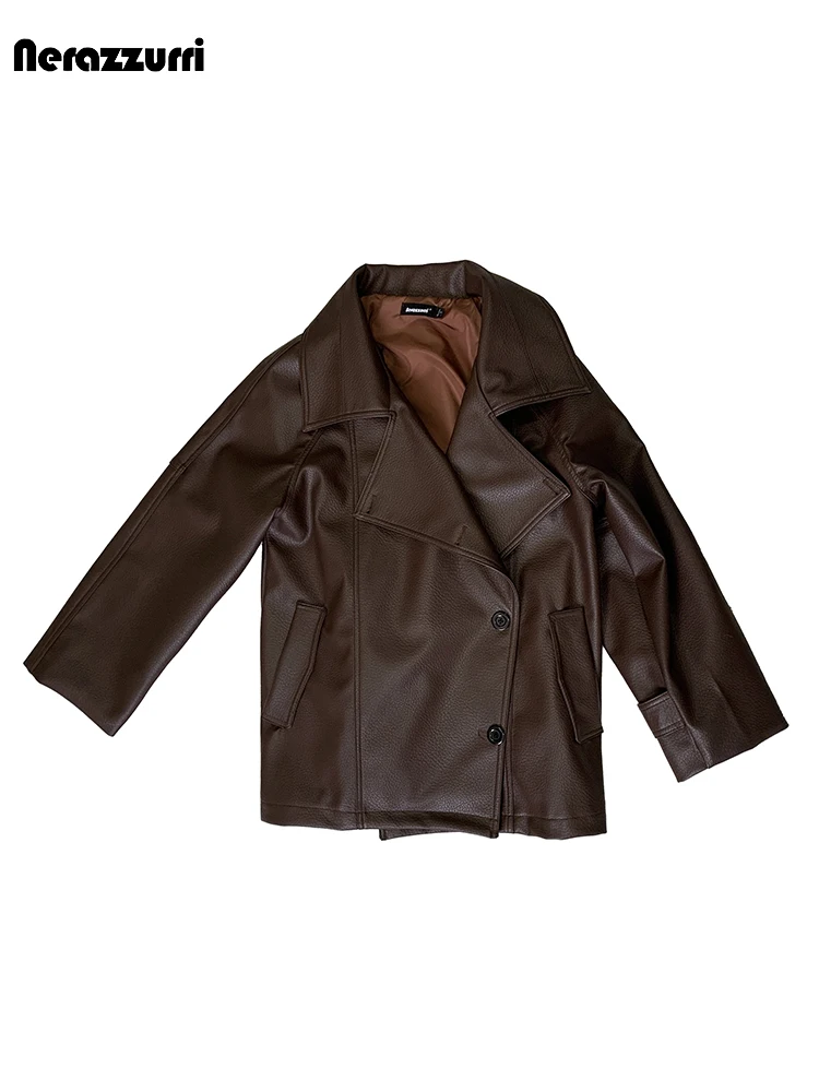 Primavera otoño chaqueta de piel sintética marrón para mujer con manga larga raglán cordón elegante negro ropa de diseñador de lujo 2025