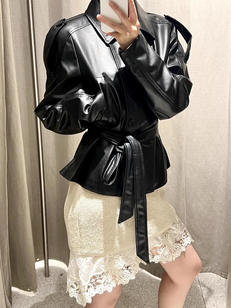 

Bla PU Leather ort Coat Vintage Sle Women's Faion Autumn 2025 Svel Stand Collar Windbreaker High Waist