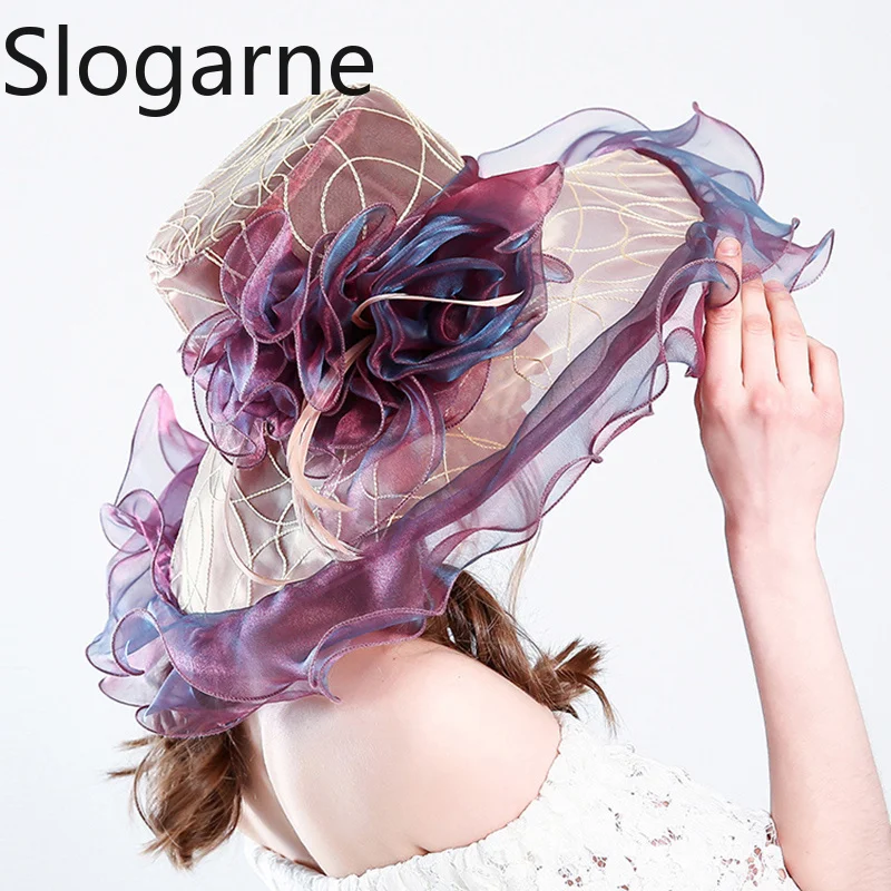 Women Organza Mesh Sunscreen Hats Ruffles Wide Brim Summer Bridal Sun Hats French Europe America Exquisite Party Cap Beach Caps