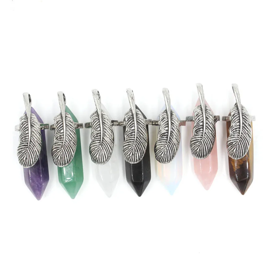 Feather With Pillar Crystal Quartz Pendants Pendulum Natural Stone Reiki Charms Fashion Jewelry Wholesale 10pcs