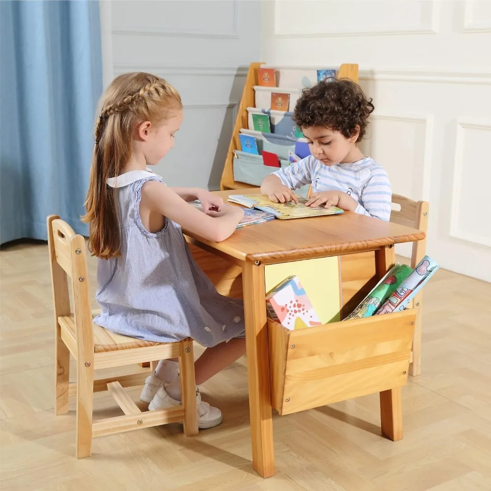 Kids Solid Wood Table and 2 Chair Set with Storage Desk and Chair Set for Children Toddler Activity Table (Solid Wood/Natural)