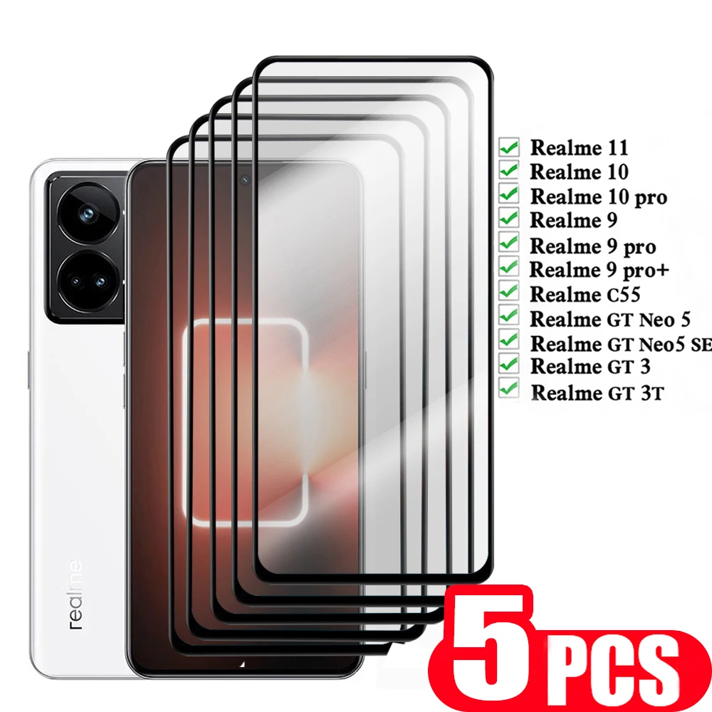 

Стекло 9D для Realme C55, закаленное стекло для Realme 11 10 9 pro plus GT Neo 5 SE 3 3T, 5 шт., защитная пленка для экрана телефона